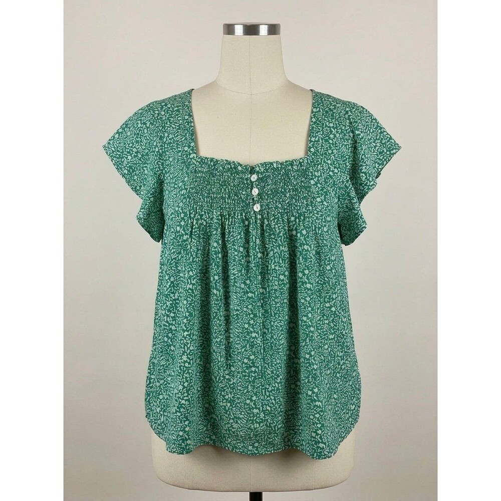 Draper James RSVP Smocked Flutter Sleeve Floral Top Green L NWT